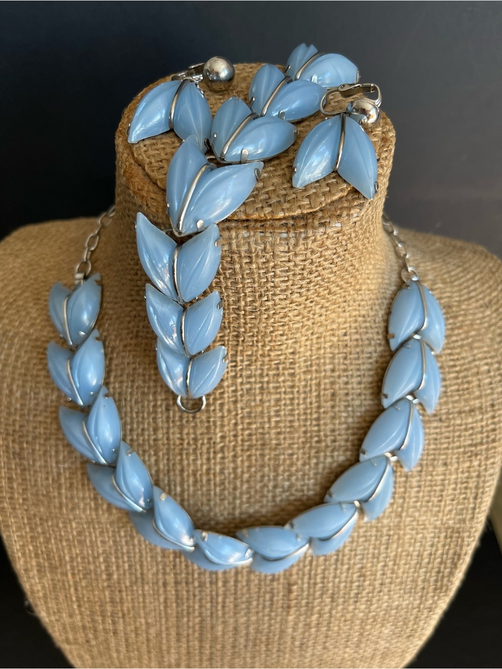 Vintage Leaf-Style Light Blue Necklace, Bracelet & Clip-On Earring Set